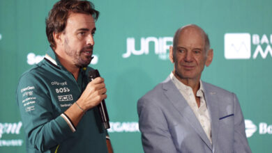 Fernando Alonso, left, speaks during a press conference to unveil Adrian Newey, right, as the newly appointed managing technical partner of Aston Martin Aramco Formula One Team, at the AMF1 Team Technology Campus, Silverstone, Northamptonshire, England, Tuesday Sept. 10, 2024. Adrian Newey said it is his goal to turn Aston Martin into Formula One world champions after he was unveiled at the British team's Silverstone headquarters. (Bradley Collyer/PA via AP)