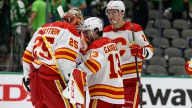 <p>May 9&comma; 2022&semi; Dallas&comma; Texas&comma; USA&semi; Calgary Flames goaltender Jacob Markstrom &lpar;25&rpar; and left wing Johnny Gaudreau &lpar;13&rpar; and defenseman <a class="link " href="https://sports.yahoo.com/nhl/players/5995/" data-i13n="sec:content-canvas;subsec:anchor_text;elm:context_link" data-ylk="slk:Nikita Zadorov;sec:content-canvas;subsec:anchor_text;elm:context_link;itc:0">Nikita Zadorov</a> &lpar;16&rpar; celebrate the win over the <a class="link " href="https://sports.yahoo.com/nhl/teams/dallas/" data-i13n="sec:content-canvas;subsec:anchor_text;elm:context_link" data-ylk="slk:Dallas Stars;sec:content-canvas;subsec:anchor_text;elm:context_link;itc:0">Dallas Stars</a> in game four of the first round of the 2022 Stanley Cup Playoffs at American Airlines Center&period; Mandatory Credit&colon; Jerome Miron-Imagn Images</p>