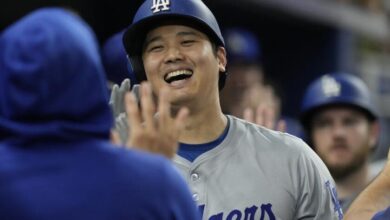 Los Angeles Dodgers' Shohei Ohtani (17) celebrates his 51 home run of the season.