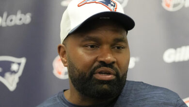 New England Patriots head coach Jerod Mayo explained why he said Drake Maye outplayed Jacoby Brissett in the preseason. (AP Photo/George Walker IV)