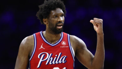 PHILADELPHIA, PENNSYLVANIA - APRIL 28: Joel Embiid #21 of the Philadelphia 76ers reacts during the fourth quarter against the New York Knicks during game four of the Eastern Conference First Round Playoffs at the Wells Fargo Center on April 28, 2024 in Philadelphia, Pennsylvania. (Photo by Tim Nwachukwu/Getty Images)