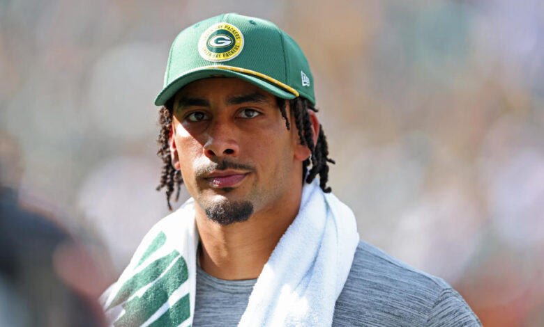 Jordan Love was in street clothes for Sunday's win over the Colts. (Stacy Revere/Getty Images)