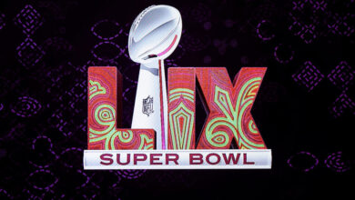 LAS VEGAS, NEVADA - FEBRUARY 12: The Logo for Super Bowl LIX in New Orleans is shown on a television screen during a Super Bowl Host Committee handoff news conference at the Mandalay Bay Convention Center on February 12, 2024 in Las Vegas, Nevada. (Photo by Ethan Miller/Getty Images)