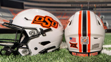 Oklahoma State's helmets won't have this QR code on them in 2024. (via Oklahoma State)