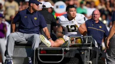 WEST LAFAYETTE, IN - SEPTEMBER 14: Notre Dame Fighting Irish defensive lineman Jordan Botelho (12) gets carted off the field after getting injured during the college football game between the Purdue Boilermakers and Notre Dame Fighting Irish on September 14, 2024, at Ross-Ade Stadium in West Lafayette, IN. (Photo by Zach Bolinger/Icon Sportswire via Getty Images)