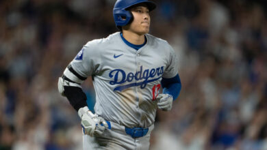 DENVER, COLORADO - SEPTEMBER 27: Shohei Ohtani #17 of the Los Angeles Dodgers watches the flight of the ball after a home run against the Colorado Rockies at Coors Field on September 27, 2024 in Denver Colorado. (Photo by Kyle Cooper/Colorado Rockies/Getty Images)