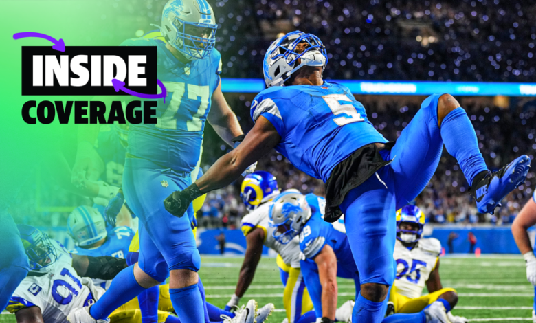 DETROIT, MI - SEPTEMBER 08: David Montgomery #5 of the Detroit Lions celebrates after scoring the game winning touchdown in overtime against the Los Angeles Rams during an football game at Ford Field on September 8, 2024 in Detroit, Michigan. (Photo by Cooper Neill/Getty Images)