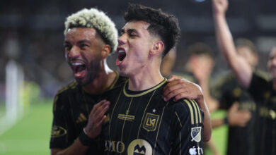 LOS ANGELES, CALIFORNIA - SEPTEMBER 25: Omar Campos #2 of Los Angeles FC celebrates his goal with Timothy Tillman #11 during extra time of the finals against Sporting Kansas City during the 2024 Lamar Hunt U. S. Open Cup at BMO Stadium on September 25, 2024 in Los Angeles, California.  (Photo by Michael Owens/USSF/Getty Images for USSF)