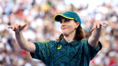 PARIS, FRANCE - AUGUST 09: B-Girl Raygun of Team Australia 
reacts during the B-Girls Round Robin - Group B on day fourteen of the Olympic Games Paris 2024 at Place de la Concorde on August 09, 2024 in Paris, France. (Photo by Elsa/Getty Images)