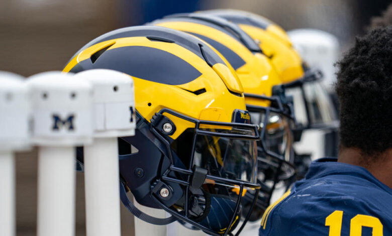 ANN ARBOR, MICHIGAN - APRIL 20: Michigan Football helmets displayed behind the Blue Team bench during the Michigan Football Spring Game at Michigan Stadium on April 20, 2024 in Ann Arbor, Michigan. (Photo by Jaime Crawford/Getty Images)