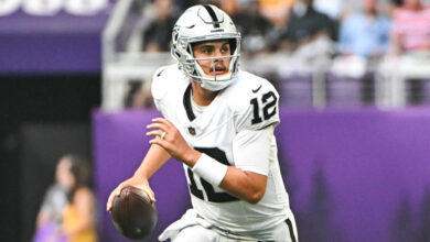 Aidan O'Connell will take over for his second stint as the starting quarterback for the Raiders. (Stephen Maturen/Getty Images)