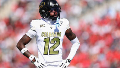 TUCSON, ARIZONA - OCTOBER 19: Wide receiver Travis Hunter #12 of the Colorado Buffaloes lines up during the first half of the NCAAF game against the Arizona Wildcats at Arizona Stadium on October 19, 2024 in Tucson, Arizona.  (Photo by Christian Petersen/Getty Images)