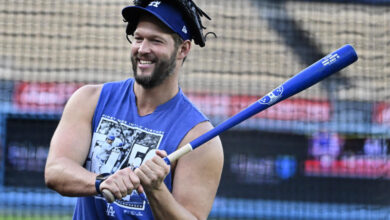 Los Angeles, CA - October 04:  Clayton Kershaw of the Los Angeles Dodgers during a workout prior to Saturday's game 1 of the National League Division Series playoff baseball game against the San Diego Padres at Dodger Stadium in Los Angeles on Friday, October 4, 2024. (Photo by Keith Birmingham/MediaNews Group/Pasadena Star-News via Getty Images)