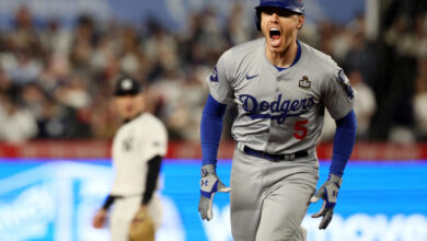 LOS ANGELES, CA - OCTOBER 29, 2024: Los Angeles Dodgers first base Freddie Freeman (5) reacts after his two run home run in the first inning. Game 4 of the World Series against the Yankees at Yankees Stadium in New York City Tuesday, October 29 2024. (Robert Gauthier/Los Angeles Times via Getty Images)