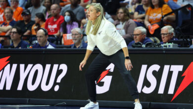 UNCASVILLE, CT - SEPTEMBER 22: Indiana Fever head coach Christie Sides during the First Round and game 1 of the 2024 WNBA playoffs between Indiana Fever and Connecticut Sun on September 22, 2024, at Mohegan Sun Arena in Uncasville, CT. (Photo by M. Anthony Nesmith/Icon Sportswire via Getty Images)