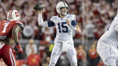 MADISON, WI - OCTOBER 26:Penn State Nittany Lions quarterback Drew Allar (15) throws a pass durning a college football game between the Penn State Nittany Lions and the Wisconsin Badgers on October 26th, 2024 at Barry Alvarez field inside Camp Randall Stadium in Madison, WI. (Photo by Dan Sanger/Icon Sportswire via Getty Images)