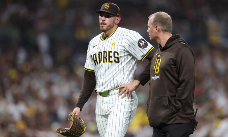 SAN DIEGO, CALIFORNIA - OCTOBER 02: Joe Musgrove #44 of the San Diego Padres leaves the game against the Atlanta Braves during the fourth inning in Game Two of the Wild Card Series at Petco Park on October 02, 2024 in San Diego, California.  (Photo by Sean M. Haffey/Getty Images)