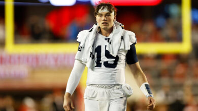 MADISON, WISCONSIN - OCTOBER 26: Drew Allar #15 of the Penn State Nittany Lions in the third quarter after being injured in the first half o the game against the Wisconsin Badgers at Camp Randall Stadium on October 26, 2024 in Madison, Wisconsin. (Photo by John Fisher/Getty Images)