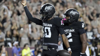 Texas A&M quarterback Marcel Reed (10) reacts after scoring a touchdown against LSU during the fourth quarter of an NCAA college football game Saturday, Oct. 26, 2024, in College Station, Texas. (AP Photo/Sam Craft)