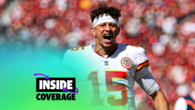 Kansas City Chiefs quarterback Patrick Mahomes (15) reacts before an NFL football game against the San Francisco 49ers in Santa Clara, Calif., Sunday, Oct. 20, 2024. (AP Photo/Jed Jacobsohn)