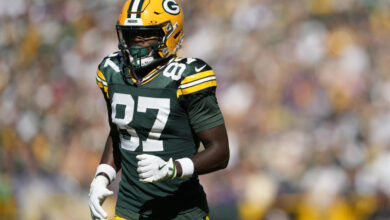 GREEN BAY, WISCONSIN - SEPTEMBER 29: Romeo Doubs #87 of the Green Bay Packers in action against the Minnesota Vikings in the second half at Lambeau Field on September 29, 2024 in Green Bay, Wisconsin. (Photo by Patrick McDermott/Getty Images)