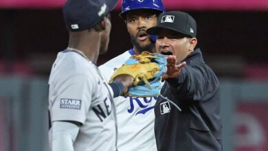 Jazz Chisholm and Maikel Garcia are separated by an umpire after the benches cleared following Garcia's hard slide on a double play in the sixth inning of the Yankees' 3-1 series-clinching win over the Royals in Game 4 of the ALDS on Oct. 10, 2024.