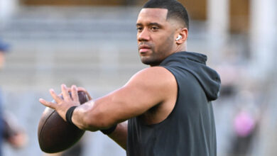 Oct 6, 2024; Pittsburgh, Pennsylvania, USA; Pittsburgh Steelers quarterback Russell Wilson (3) works out before a game against the Dallas Cowboys at Acrisure Stadium. Mandatory Credit: Barry Reeger-Imagn Images