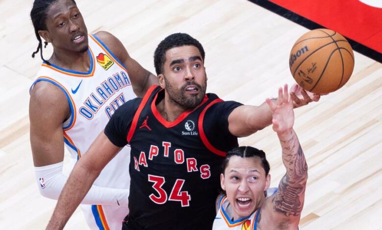 Jontay Porter C of Toronto Raptors fights for a rebound with Lindy Waters III R of Oklahoma City Thunder during the 2023-2024 NBA regular season game between Toronto Raptors and Oklahoma City Thunder in Toronto, Canada, March 22, 2024. (Photo by Zou Zheng/Xinhua via Getty Images)