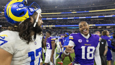 Puka Nacua #17 of the Los Angeles and Justin Jefferson #18 of the Minnesota Vikings share a moment following an NFL Football game  at SoFi Stadium on October 24, 2024 in Inglewood, California. (Photo by Michael Owens/Getty Images)