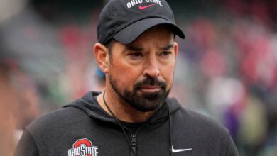 
Ohio State Buckeyes head coach Ryan Day watches warm ups prior to the NCAA football game against the Northwestern Wildcats at Wrigley Field in Chicago on Monday, Nov. 18, 2024.