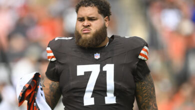 FILE -Cleveland Browns offensive tackle Jedrick Wills Jr. (71) prepares for an NFL football game against the New York Giants, Sunday, Sept. 22, 2024 in Cleveland. (AP Photo/David Richard, FIle)