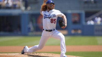 Los Angeles Dodgers starting pitcher Dustin May (85) throws during the first inning.