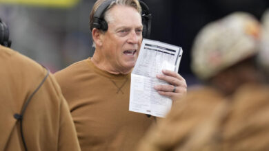 CORRECTS TO DEFENSIVE COORDINATOR AND NOT HEAD COACH AS ORIGINALLY SENT - FILE - Washington Football Team defensive coordinator Jack Del Rio during an NFL football game, Nov. 5, 2023, in Foxborough, Mass. (AP Photo/Charles Krupa, File)