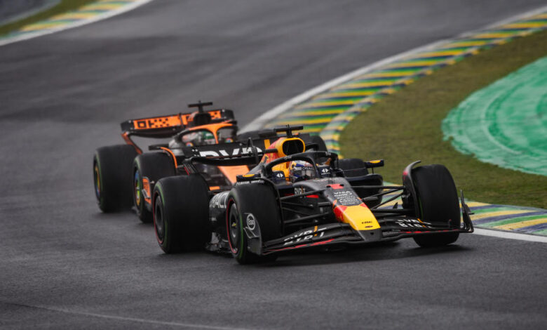 Max Verstappen of Red Bull Racing RB20 and Oscar Piastri of McLaren F1 Team MCL38 compete during the Formula 1 Grand Prix of Brazil at Autodromo Jose Carlos Pace in Sao Paulo, Brazil, on October 31 to November 3, 2024. (Photo by Gongora/NurPhoto via Getty Images)