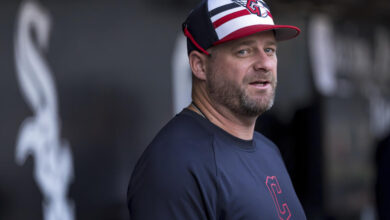 CHICAGO, ILLINOIS - SEPTEMBER 10: Manager Stephen Vogt #12 of the Cleveland Guardians looks on during batting practice before a game against the Chicago White Sox at Guaranteed Rate Field on September 10, 2024 in Chicago, Illinois. (Photo by Matt Dirksen/Getty Images)