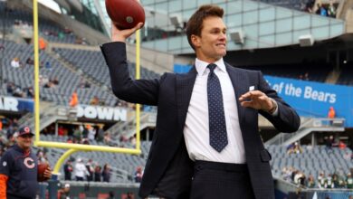 Tom Brady throws a pass prior to a game between the Chicago Bears and the Green Bay Packers at Soldier Field on November 17, 2024