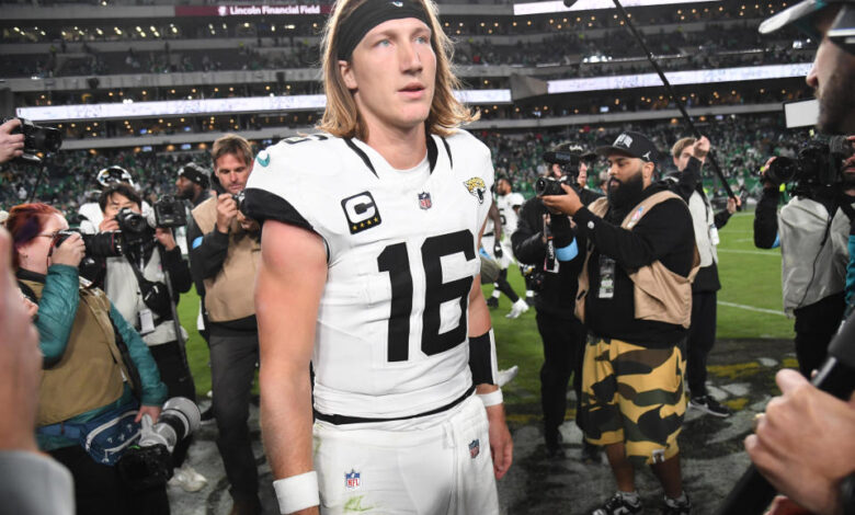 Nov 3, 2024; Philadelphia, Pennsylvania, USA; Jacksonville Jaguars quarterback Trevor Lawrence (16) on the field after loss to the Philadelphia Eagles at Lincoln Financial Field. Mandatory Credit: Eric Hartline-Imagn Images