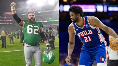 Jason Kelce (left) and Joel Embiid (right). Kelce Mandatory Credit: Eric Hartline-USA TODAY Sports. Embiid Mandatory Credit: Bill Streicher-Imagn Images