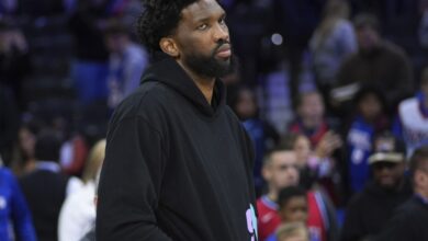 Joel Embiid, who did not play, watches the action during the 76ers' 124-107 loss to the Grizzlies on Nov. 2, 2024.