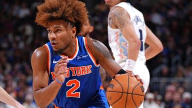 Miles McBride drives to the basket during the Knicks' win over the Nuggets.