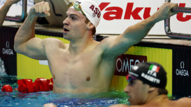 SINGAPORE, SINGAPORE - NOVEMBER 01: Leon Marchand of France celebrates after winning and setting a new world record in the men’s 200m individual medley final during day two of the World Aquatics Swimming World Cup 2024 Singapore Stop at the OCBC Aquatic Centre on November 01, 2024 in Singapore. (Photo by Yong Teck Lim/Getty Images)