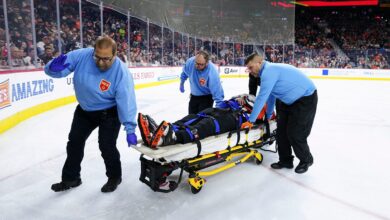 NHL ref leaves game on stretcher after colliding with Avalanche player