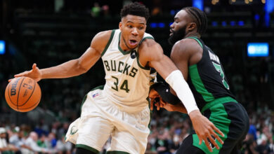 Jaylen Brown and Giannis Antetokounmpo. PHOTO USA TODAY SPORTS IMAGN IMAGES