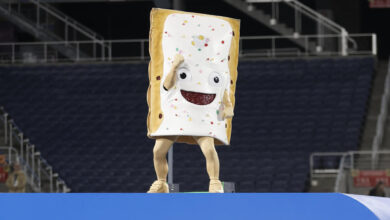 ORLANDO, FL - DECEMBER 28: The Pop-Tart Bowl mascot, Strawberry, after the game between the North Carolina State Wolfpack and the Kansas State Wildcats on December 28, 2023 at Camping World Stadium in Orlando, Fl. (Photo by David Rosenblum/Icon Sportswire via Getty Images)