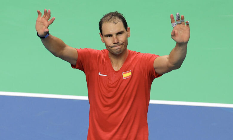 MALAGA, SPAIN - NOVEMBER 19: Rafael Nadal of Team Spain waves to the fans after loosing his singles match against Botic van de Zandschulp of Team Netherlands in the quarterfinal tie between Netherlands and Spain during the Davis Cup Finals at Palacio de Deportes Jose Maria Martin Carpena on November 19, 2024 in Malaga, Spain. (Photo by Fran Santiago/Getty Images for ITF)