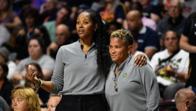 UNCASVILLE, CT - SEPTEMBER 01: Seattle Storm head coach Noelle Quinn (left) and Seattle Storm assistant coach Pokey Chatman (right) look on during a WNBA game between the Seattle Storm and the Connecticut Sun on September 1, 2024, at Mohegan Sun Arena, in Uncasville, CT. (Photo by Erica Denhoff/Icon Sportswire via Getty Images)