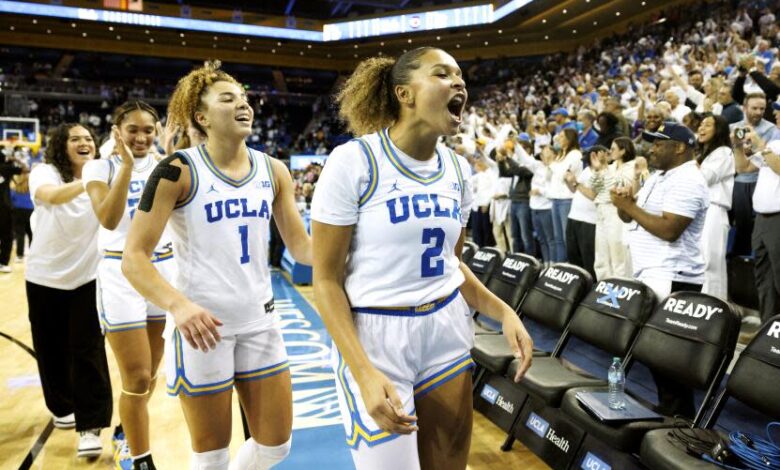 WESTWOOD, CA - NOVEMBER 24, 2024: UCLA Bruins guard Avary Cain (2), UCLA Bruins guard Kiki Rice (1) and UCLA Bruins forward Kendall Dudley (22) react after beating #1 ranked South Carolina at Pauley Pavilion on November 24, 2024 in Westwood, California. (Gina Ferazzi / Los Angeles Times)