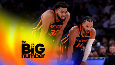 Karl-Anthony Towns #32 and Jalen Brunson #11 of the New York Knicks talk during a free throw by a teammate in the second half against the Milwaukee Bucks at Madison Square Garden on November 08, 2024 in New York City. (Photo by Elsa/Getty Images)