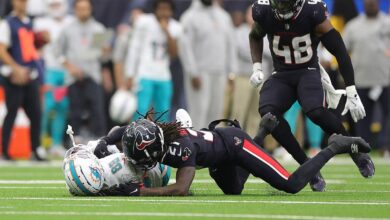 Dolphins' Grant DuBose needs jersey cut off, leaves game on stretcher after scary hit vs Texans