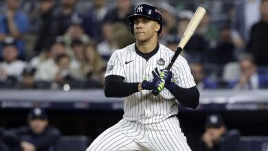 NEW YORK, NEW YORK - OCTOBER 30: (NEW YORK DAILIES OUT)  Juan Soto #22 of the New York Yankees in action against the Los Angeles Dodgers during Game Five of the 2024 World Series at Yankee Stadium on October 30, 2024 in New York City. The Dodgers defeated the Yankees 7-6. (Photo by Jim McIsaac/Getty Images)